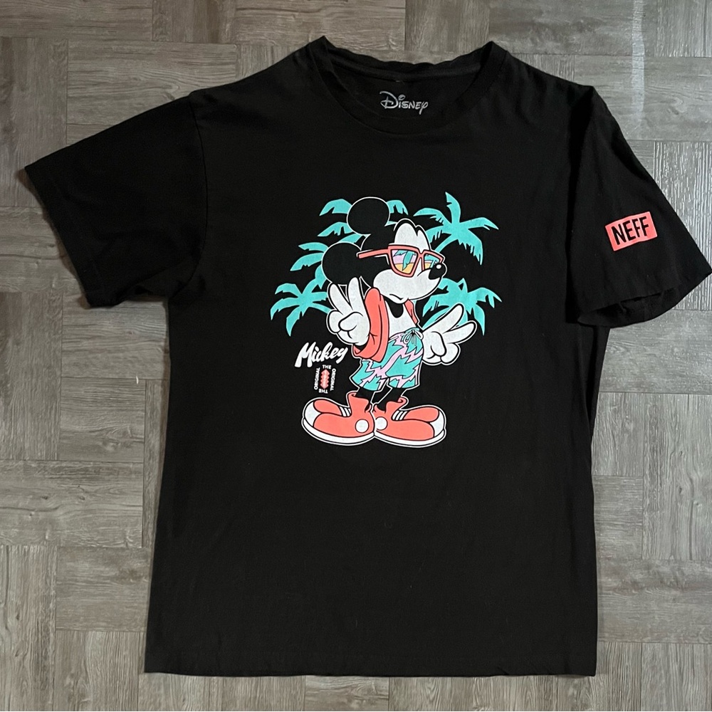 Neff Disney Mens Mickey Mouse Peace Palms Black Shirt Large Short Sleeve Graphic
